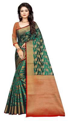Dark green woven cotton silk saree with blouse 1