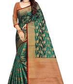 Dark green woven cotton silk saree with blouse