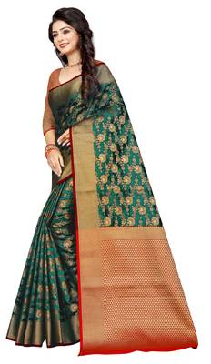 Dark green woven cotton silk saree with blouse 2