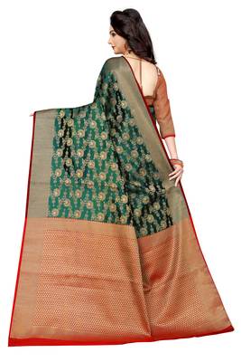 Dark green woven cotton silk saree with blouse 3