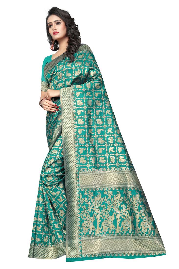 Sea Green Woven Banarasi Saree With Blouse