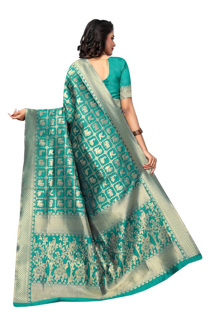 Sea Green Woven Banarasi Saree With Blouse