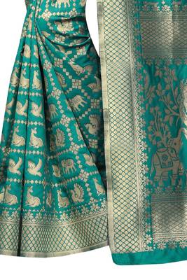 Sea Green Woven Banarasi Saree With Blouse 4