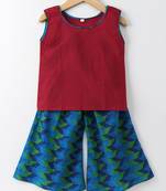 Blue And Green Zig Zag Printed Palazzo With A Red Top And Attached Sleeves