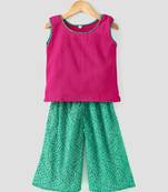 Printed Green Palazzo With A Pink Top And Attached Sleeves