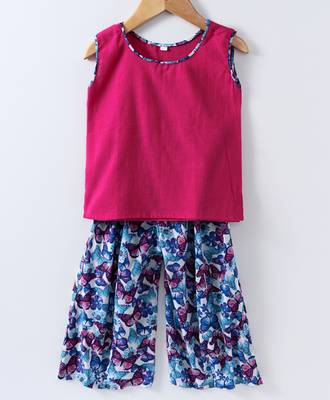 Butterfly Printed Palazzo With A Pink Top And Attached Sleeves 1