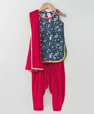 Printed Blue Short Top With Pom Pom And Contrast Red Semi Patiala And Red Cotton Dupatta 1