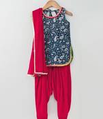 Printed Blue Short Top With Pom Pom And Contrast Red Semi Patiala And Red Cotton Dupatta