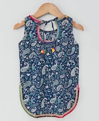 Printed Blue Short Top With Pom Pom And Contrast Red Semi Patiala And Red Cotton Dupatta 2