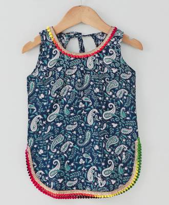Printed Blue Short Top With Pom Pom And Contrast Red Semi Patiala And Red Cotton Dupatta 3