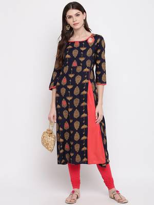 Navy Blue Color Foil Print Rayon A-Line Kurti 1