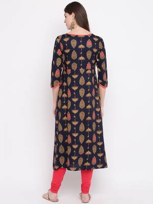 Navy Blue Color Foil Print Rayon A-Line Kurti 2