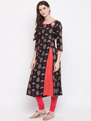 Navy Blue Color Foil Print Rayon A-Line Kurti 3