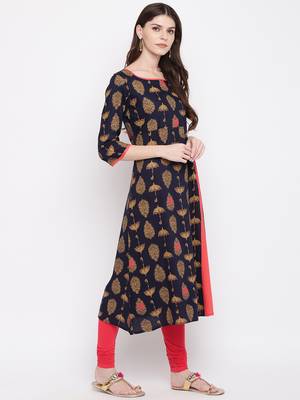 Navy Blue Color Foil Print Rayon A-Line Kurti 4