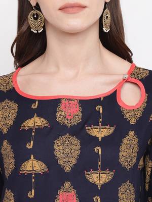 Navy Blue Color Foil Print Rayon A-Line Kurti 5