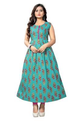 Turquoise Color Printed Cotton A-Line Kurti 1