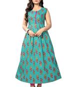 Turquoise Color Printed Cotton A-Line Kurti