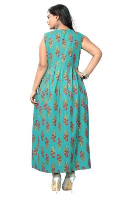 Turquoise Color Printed Cotton A-Line Kurti 2