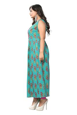 Turquoise Color Printed Cotton A-Line Kurti 3
