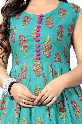 Turquoise Color Printed Cotton A-Line Kurti 4