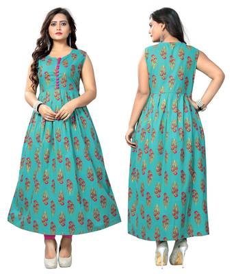 Turquoise Color Printed Cotton A-Line Kurti 5