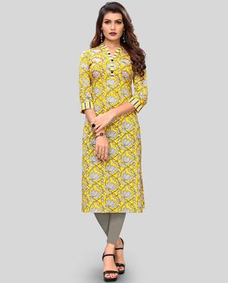 Yellow Colour Printed Cotton Straight Kurti 1