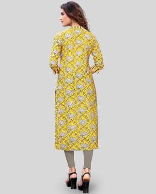 Yellow Colour Printed Cotton Straight Kurti 2