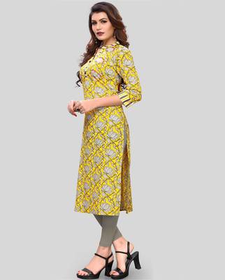 Yellow Colour Printed Cotton Straight Kurti 3