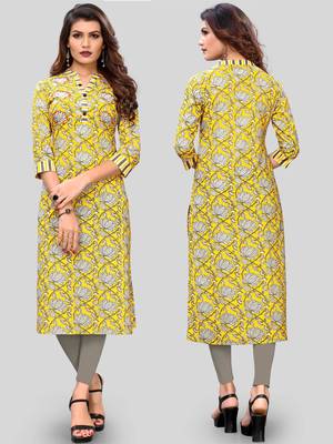Yellow Colour Printed Cotton Straight Kurti 5