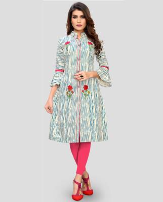 Turquoise Color Embroidered Cotton A-Line Kurti 1