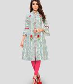 Turquoise Color Embroidered Cotton A-Line Kurti