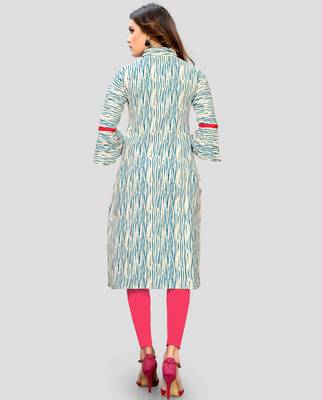 Turquoise Color Embroidered Cotton A-Line Kurti 2
