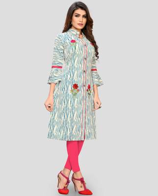 Turquoise Color Embroidered Cotton A-Line Kurti 3