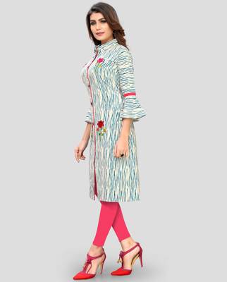 Turquoise Color Embroidered Cotton A-Line Kurti 4