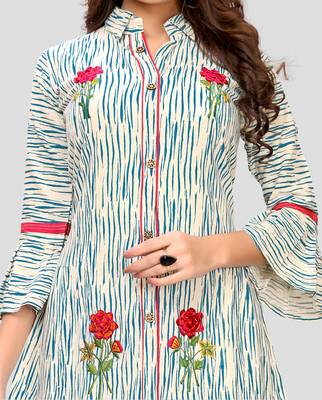 Turquoise Color Embroidered Cotton A-Line Kurti 5