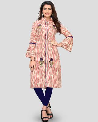 Red Color Embroidered Cotton A-Line Kurti 1