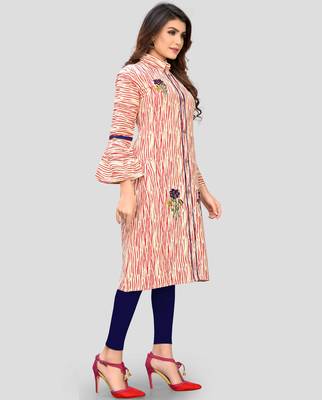 Red Color Embroidered Cotton A-Line Kurti 3