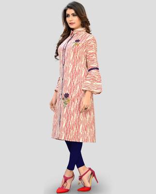 Red Color Embroidered Cotton A-Line Kurti 4
