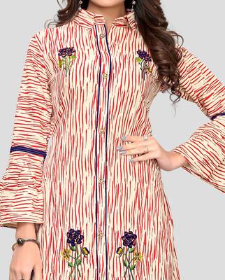 Red Color Embroidered Cotton A-Line Kurti 5