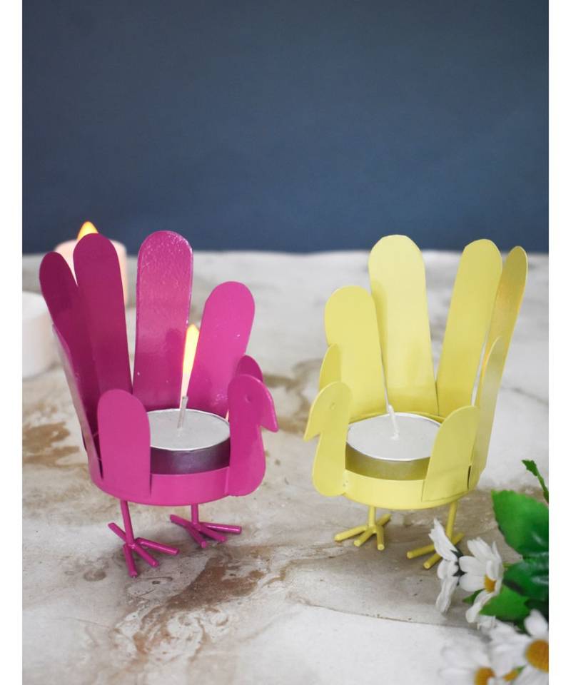 Yellow and Pink Bird T Light Holders - Set