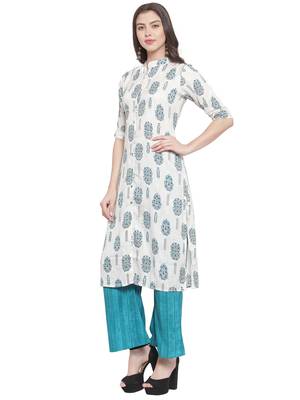 White Blue Rayon Prined Kurta Palazzos Set 1
