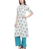 White Blue Rayon Prined Kurta Palazzos Set