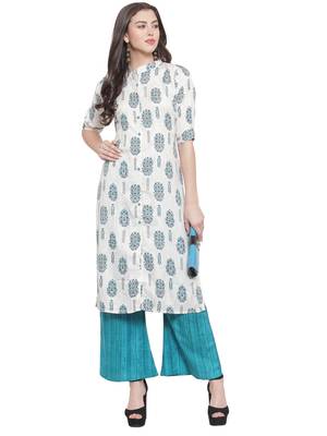 White Blue Rayon Prined Kurta Palazzos Set 3