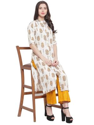 White Mustard Rayon Prined Kurta Palalzzos Set 4