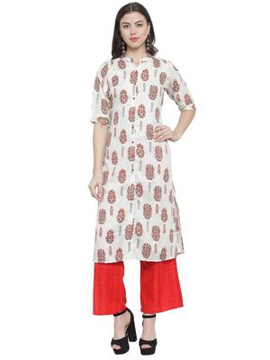 White Red Rayon Prined Kurta Palazzos Set 1