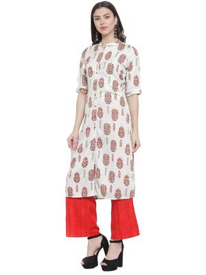 White Red Rayon Prined Kurta Palazzos Set 2