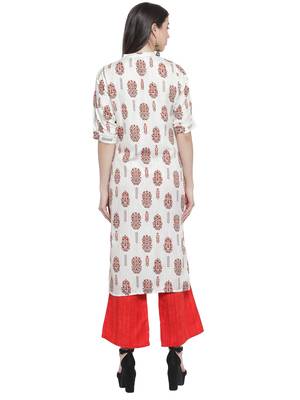 White Red Rayon Prined Kurta Palazzos Set 3