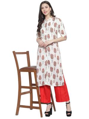 White Red Rayon Prined Kurta Palazzos Set 4