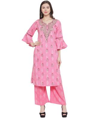 Pink Rayon Prined Kurta Palazzos Set 1