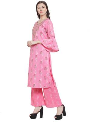 Pink Rayon Prined Kurta Palazzos Set 2